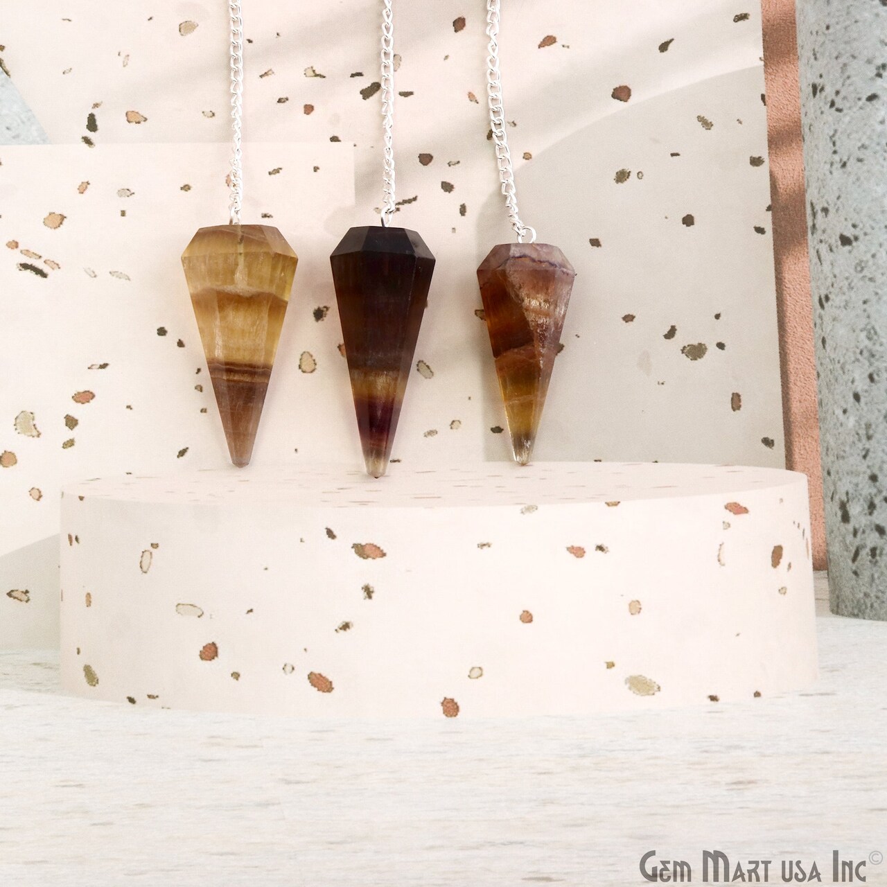 Gemstone Dowsing Pendulum Pendant, 44x16mm Silver Plated Handmade Pendant with Chain, GemMartUSA (14007)